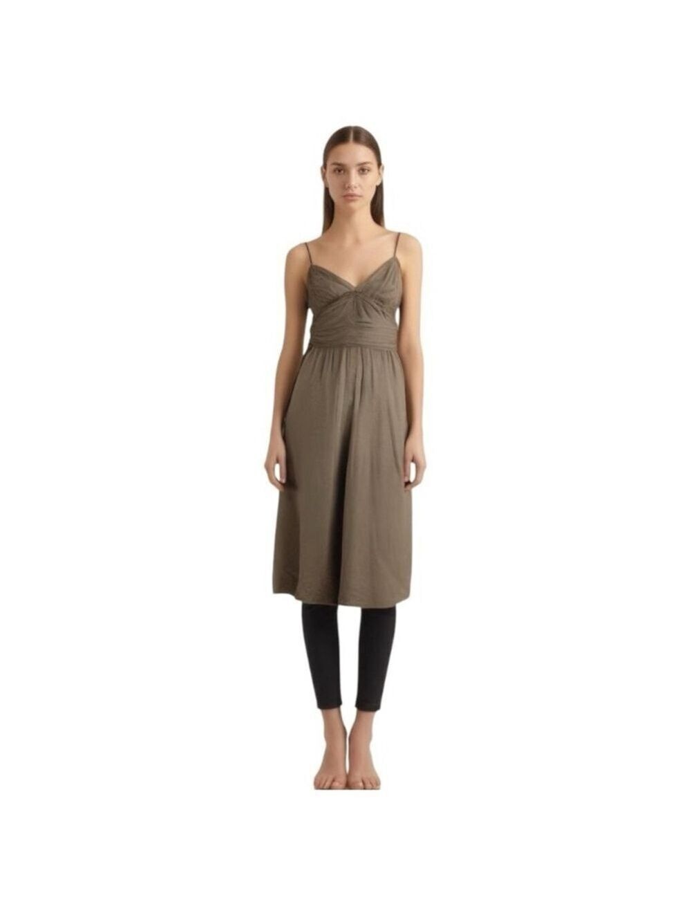 Jacob 100% silk taupe brown ruched spaghetti strap midi dress 1/2